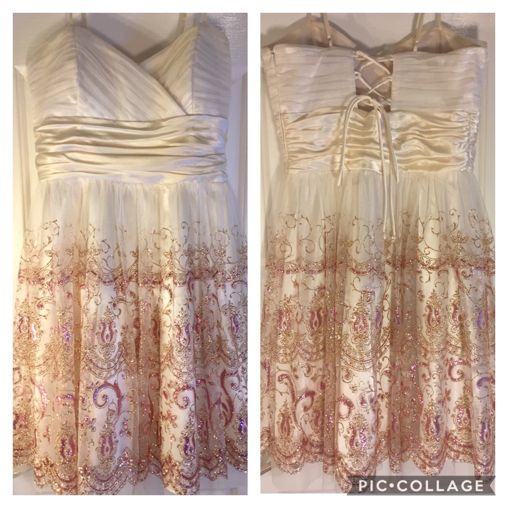 Cream Prom Dress with Delicate Gold/Rose Pattern